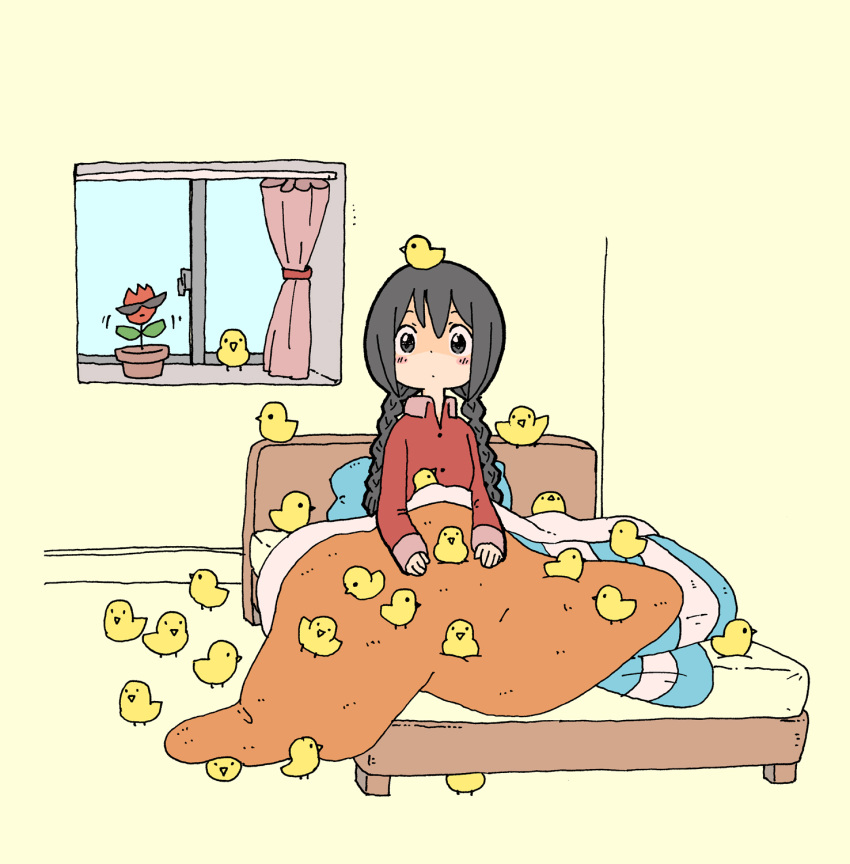 1girl, animal, bed, bird, black_hair, braid, brown_background, chick