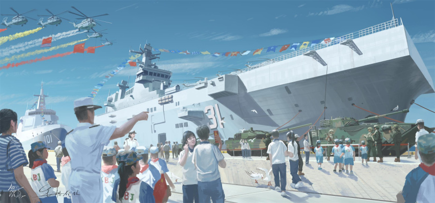 6+boys, 6+girls, aircraft, amphibious_ground_vehicle, bird, body_armor, camera, chinese_destroyer_nanchang_(101), colored_smoke, hainan_(type_0075_lhd), hat, helicopter, helmet, highres, military, military_parade, multiple_boys, multiple_girls, original, people's_liberation_army, people's_liberation_army_ground_force, people's_liberation_army_navy, pointing, scarf, school_trip, school_uniform, seagull, selfie, shouhui_lang_qun, signature, smoke, string_of_flags, tour_guide, type_055_destroyer, type_075_lhd, uniform, z-18, zbd-05