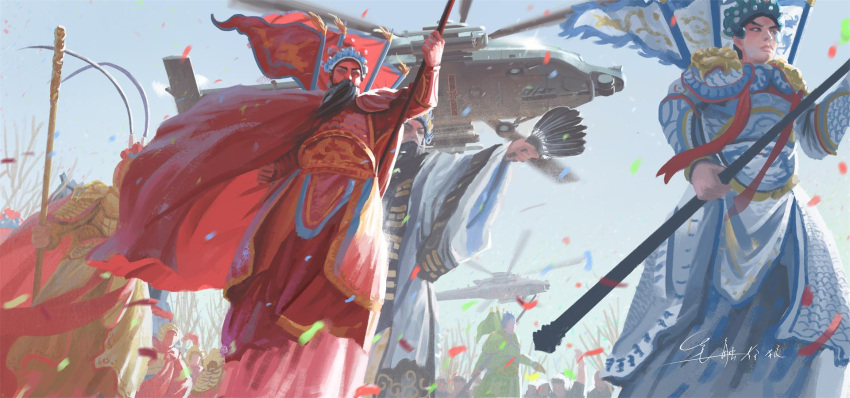 6+boys, aircraft, armor, beard, cape, chinese_opera, facepaint, facial_hair
