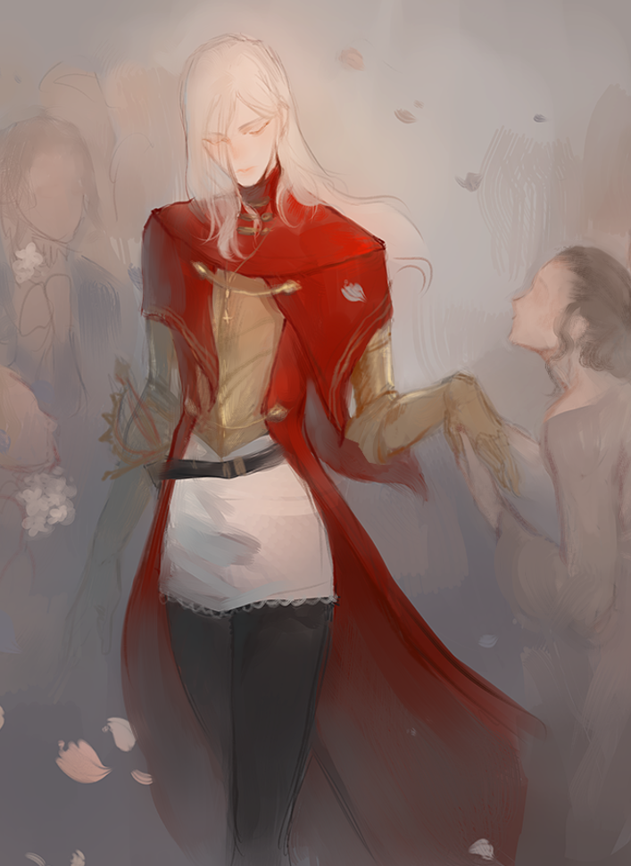 belt, black_belt, black_pants, cape, crowd, cuirass, dungeons_&amp;_dragons, grabbing_another's_hand, hair_between_eyes, nat_the_lich, nathaniel_(nat_the_lich), original, pants, people, rapier, red_cape, scabbard, sheath, solo_focus, sword, weapon, white_hair, white_tunic
