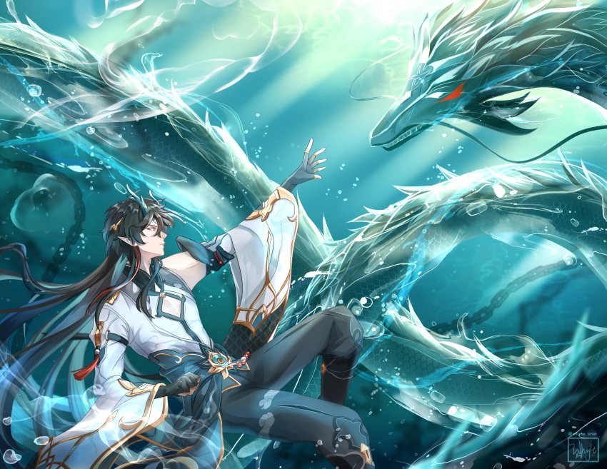1boy, air_bubble, aqua_background, aqua_eyes, aqua_hair, black_hair, bubble, chain