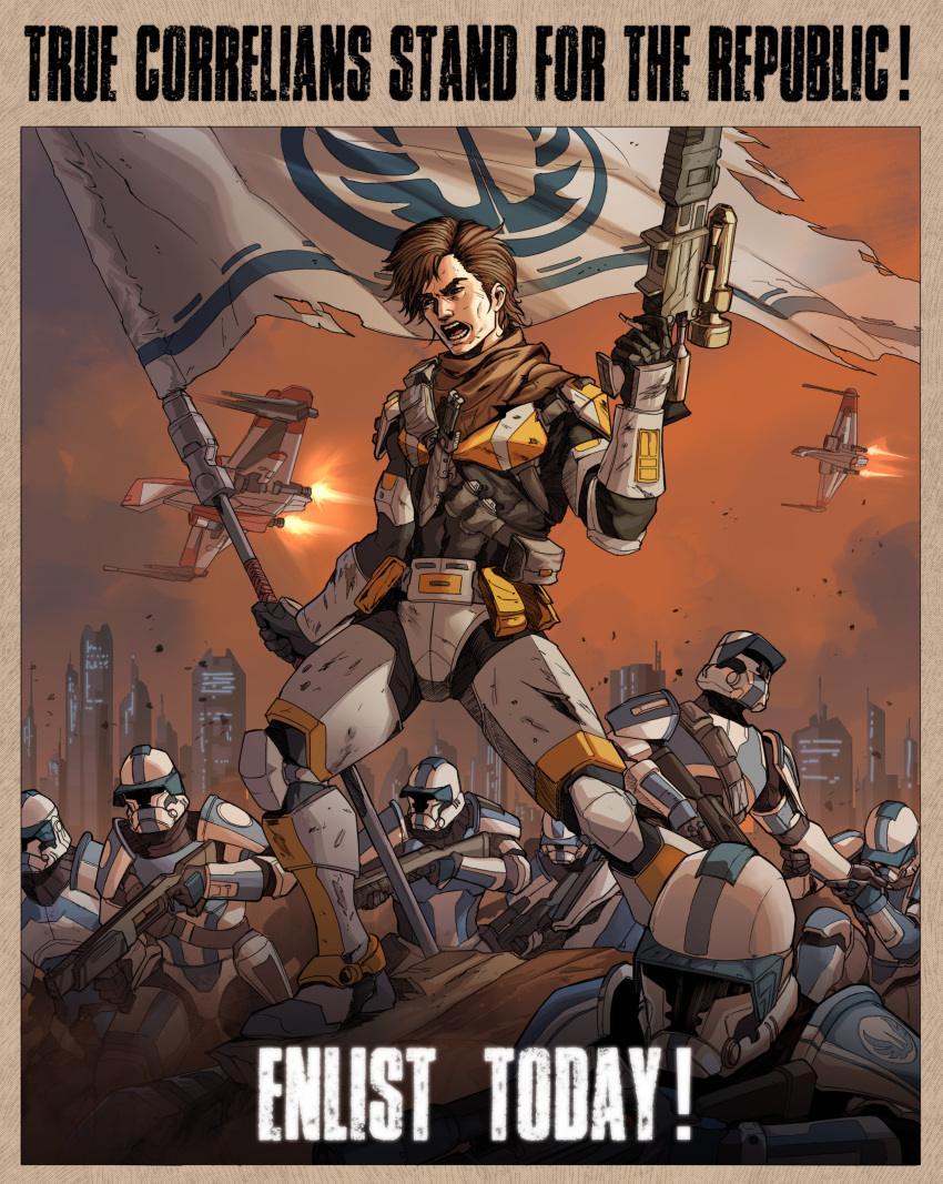 6+boys, absurdres, armor, brown_hair, chelobek, english_text, flag, gun