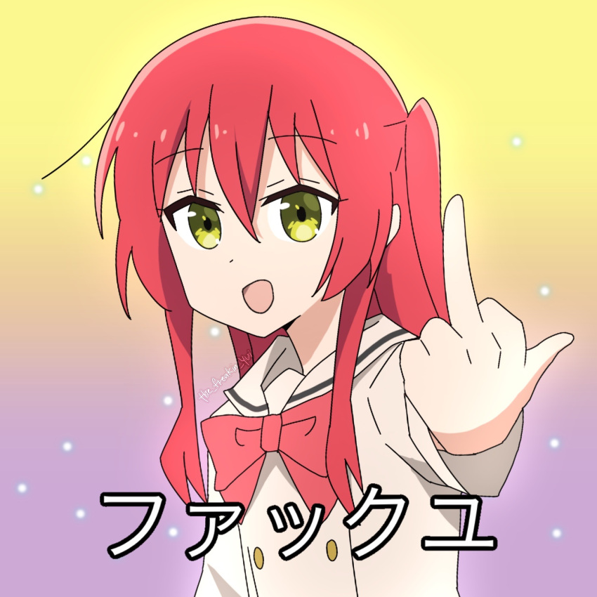1girl, artist_name, bocchi_the_rock!, bow, bowtie, commentary, dot_nose, gradient_background, green_eyes, hair_between_eyes, highres, insulting_viewer, kita_ikuyo, long_hair, looking_at_viewer, middle_finger, one_side_up, open_mouth, profanity, purple_background, red_bow, red_bowtie, redhead, school_uniform, shuka_high_school_uniform, simple_background, smile, solo, subtitled, the_freakin_yui, translated, upper_body, watermark, yellow_background