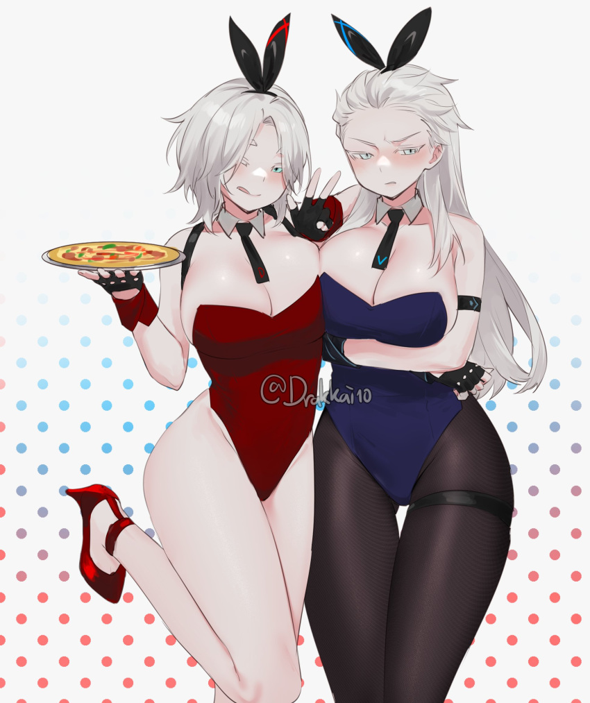 2girls, animal_ears, annoyed, bare_shoulders, black_leotard, blue_eyes, blush, bow