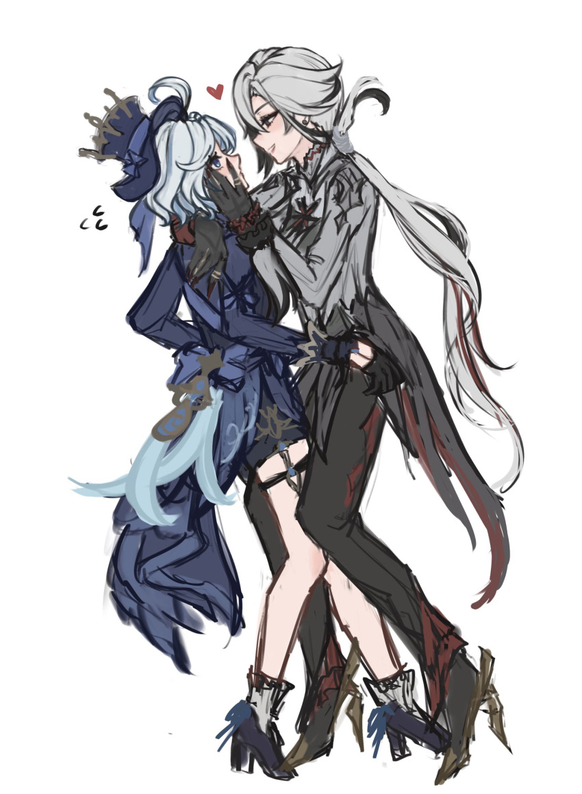 2girls, a_ai_ri, ahoge, arlecchino_(genshin_impact), black_footwear, black_gloves, black_pants, blue_eyes