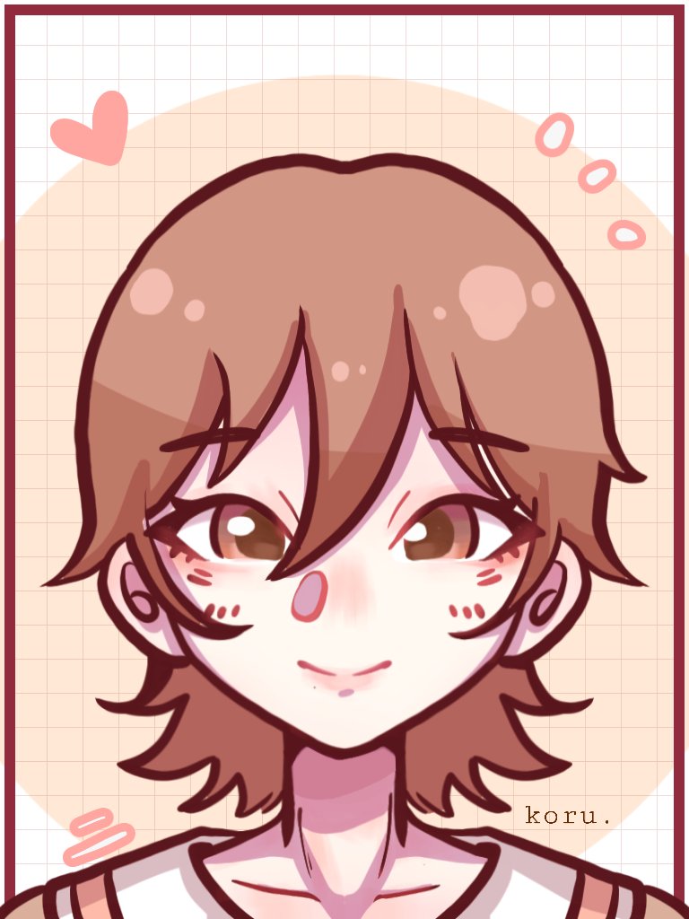 1girl, aioi_yuuko, artist_name, brown_hair, collarbone, grid_background, heart, koruuu0