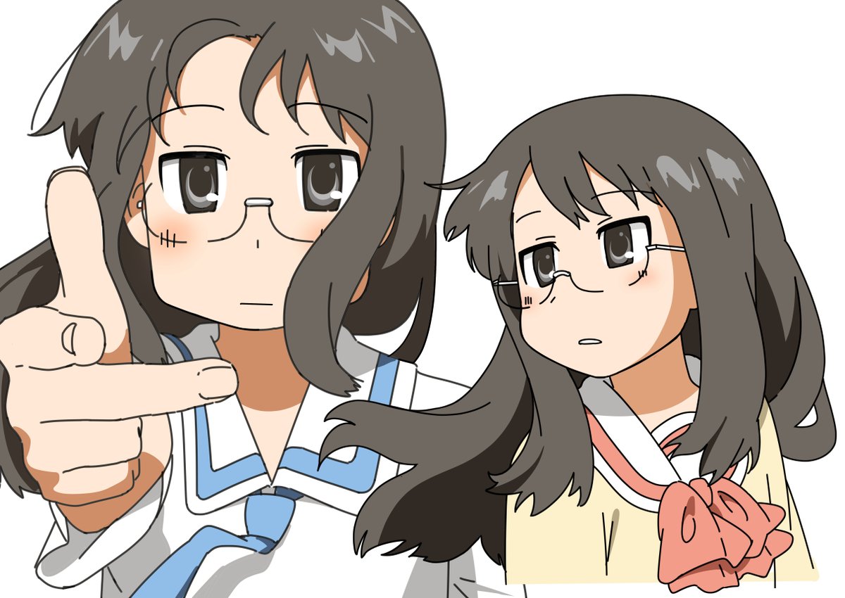 1girl, black_eyes, black_hair, blue_necktie, bow, bowtie, brown_jacket, glasses, hashtag-only_commentary, jacket, long_hair, looking_at_viewer, looking_to_the_side, minakami_mai, multiple_views, nakakiwaz, necktie, nichijou, parted_lips, pointing, pointing_at_viewer, red_bow, red_bowtie, sailor_collar, school_uniform, semi-rimless_eyewear, shirt, simple_background, tokisadame_school_uniform, white_background, white_sailor_collar, white_shirt