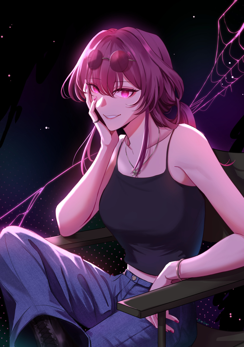 1girl, absurdres, ae_ttana, alternate_costume, bare_shoulders, black_footwear, black_tank_top, bracelet