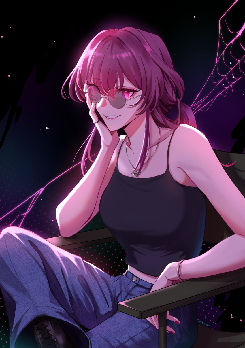 1girl, absurdres, ae_ttana, alternate_costume, bare_shoulders, black_footwear, black_tank_top, bracelet
