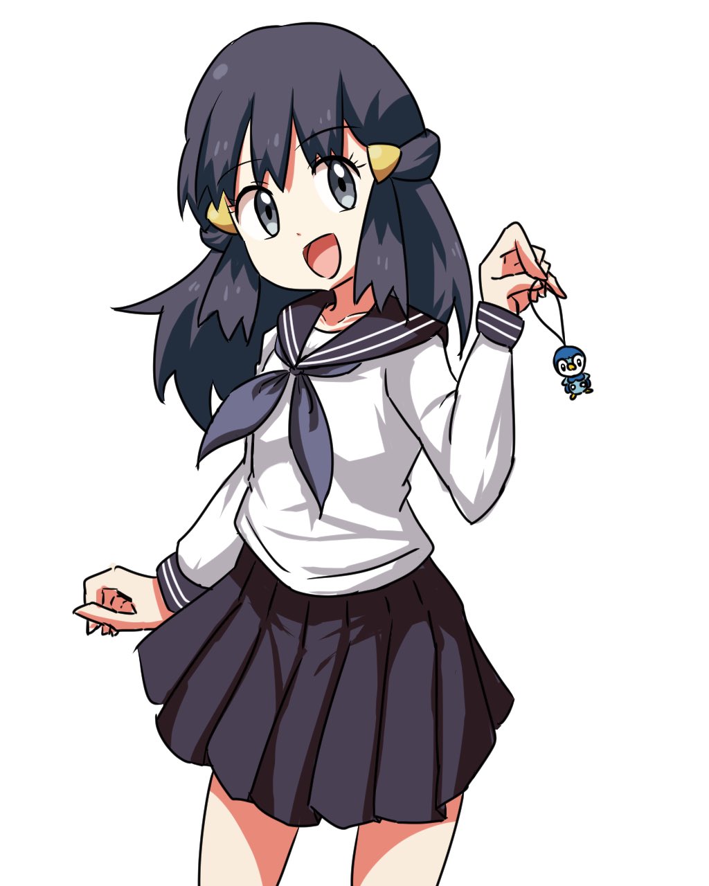 1girl, :d, black_eyes, black_hair, black_neckerchief, black_sailor_collar, black_skirt, character_charm