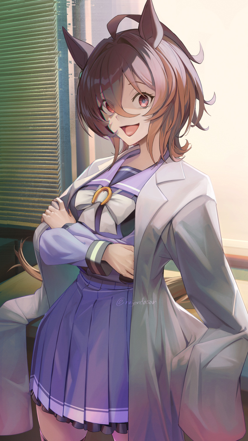 1girl, :d, agnes_tachyon_(umamusume), ahoge, animal_ears, blue_skirt, brown_hair, commentary_request