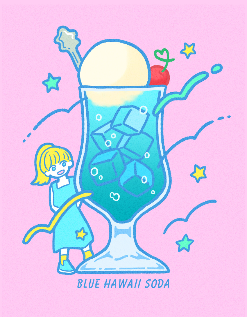1girl, absurdres, arms_behind_back, blonde_hair, blue_eyes, blue_footwear, blue_hawaii, cherry, dress, food, fruit, highres, ice, ice_cream, ice_cream_float, ice_cube, kimi_(kimixx22), long_hair, mini_person, minigirl, no_nose, open_mouth, original, pink_background, ponytail, sleeveless, sleeveless_dress, socks, solo, star_(symbol), yellow_socks