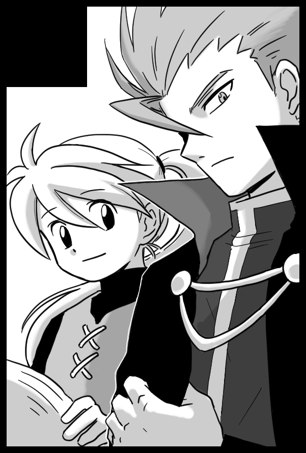 1boy, 1girl, cape, closed_mouth, greyscale, hair_between_eyes, hat, holding