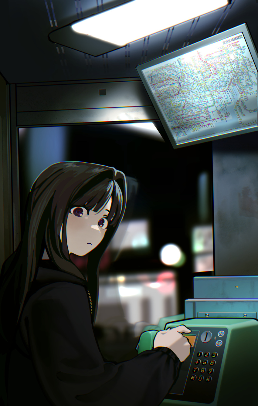 1girl, absurdres, awa_subaru, black_hair, black_jacket, blurry, blurry_background, chinese_commentary