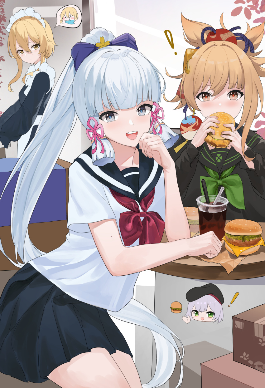3girls, absurdres, alternate_costume, black_dress, black_sailor_collar, black_skirt, blonde_hair, blue_hair, blunt_bangs, bow, bowtie, burger, dress, enmaided, food, genshin_impact, green_bow, green_bowtie, grey_eyes, hair_between_eyes, highres, holding, holding_food, kamisato_ayaka, lao_xi, long_hair, long_sleeves, looking_at_viewer, lumine_(genshin_impact), maid, maid_headdress, medium_hair, mole, mole_under_eye, multiple_girls, noelle_(genshin_impact), noelle_(kfc)_(genshin_impact), open_mouth, ponytail, sailor_collar, school_uniform, shirt, short_hair_with_long_locks, short_sleeves, sitting, skirt, smile, standing, teeth, traveler_(genshin_impact), upper_teeth_only, white_shirt, yoimiya_(genshin_impact)