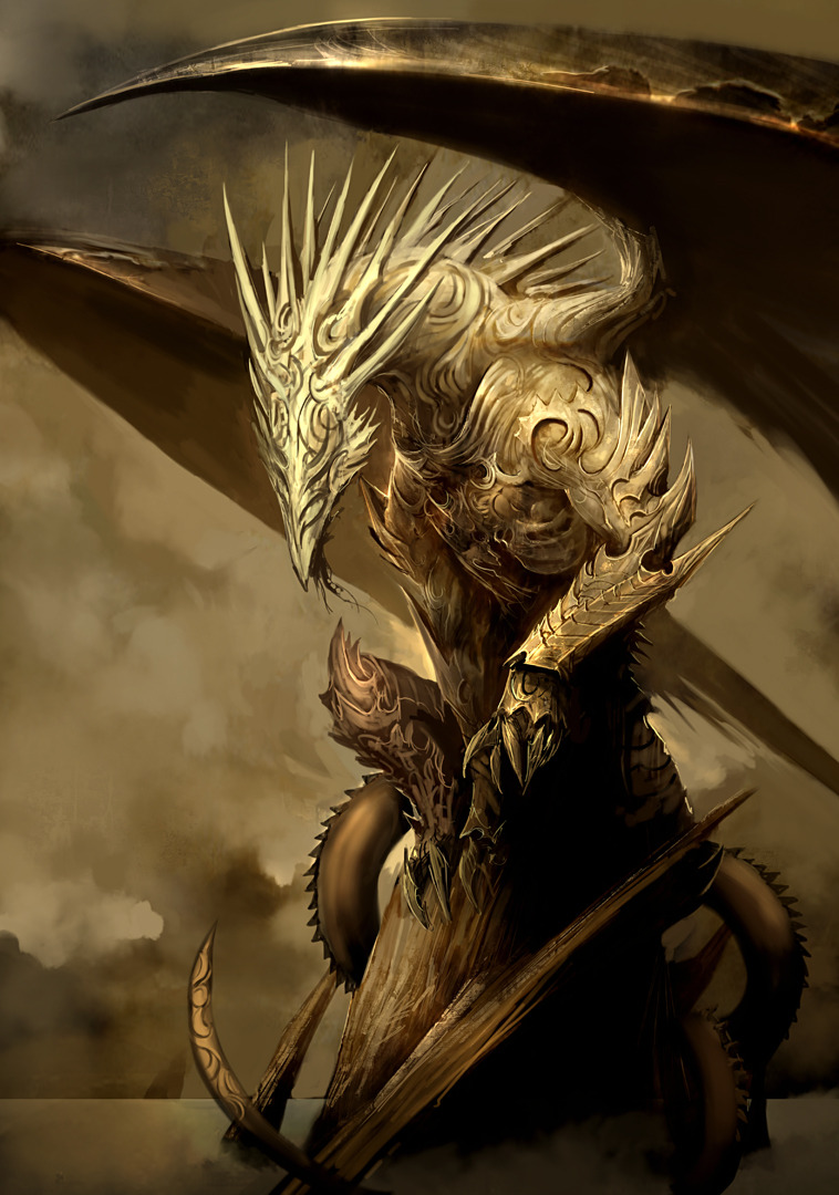 animal_focus, armor, brown_sky, brown_theme, clouds, commentary, concept_art, covered_face