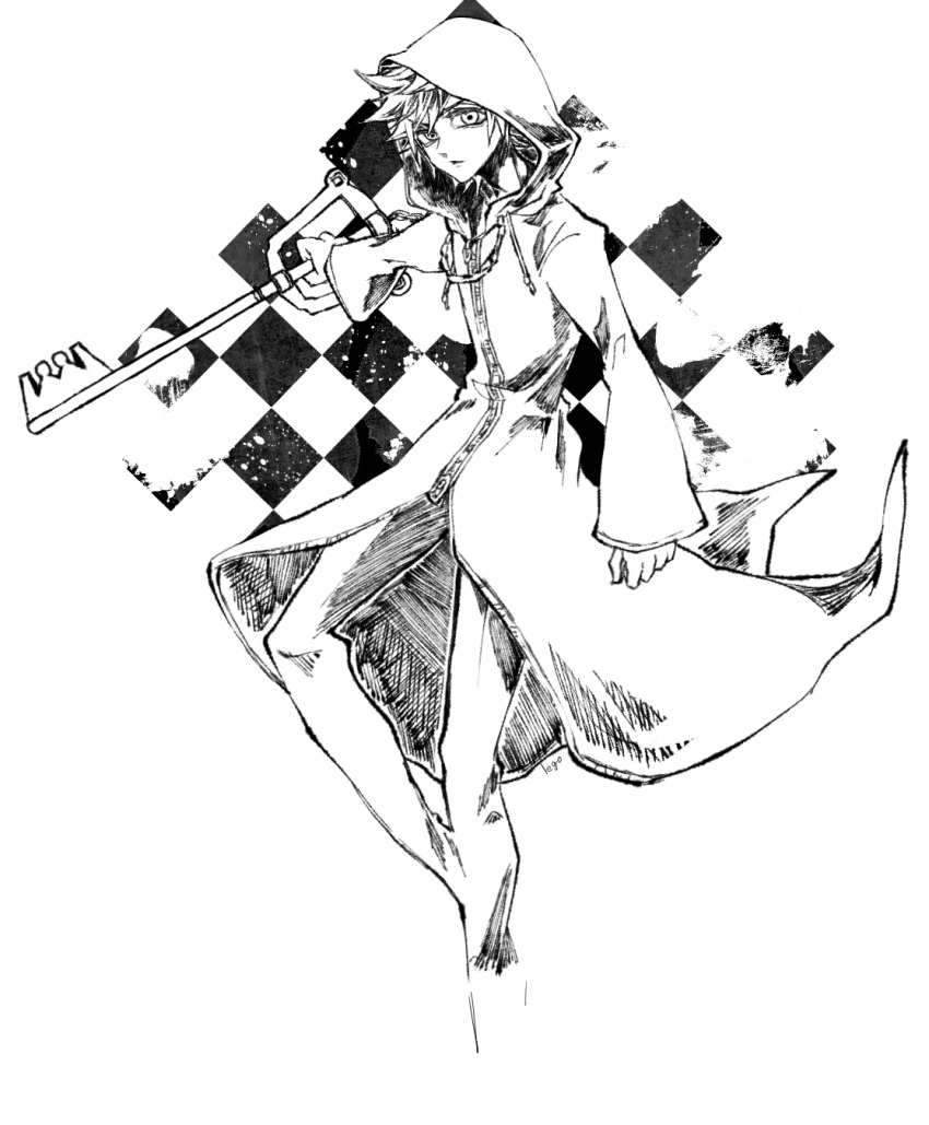13rk, 1boy, commentary, frown, gloves, greyscale, highres, holding