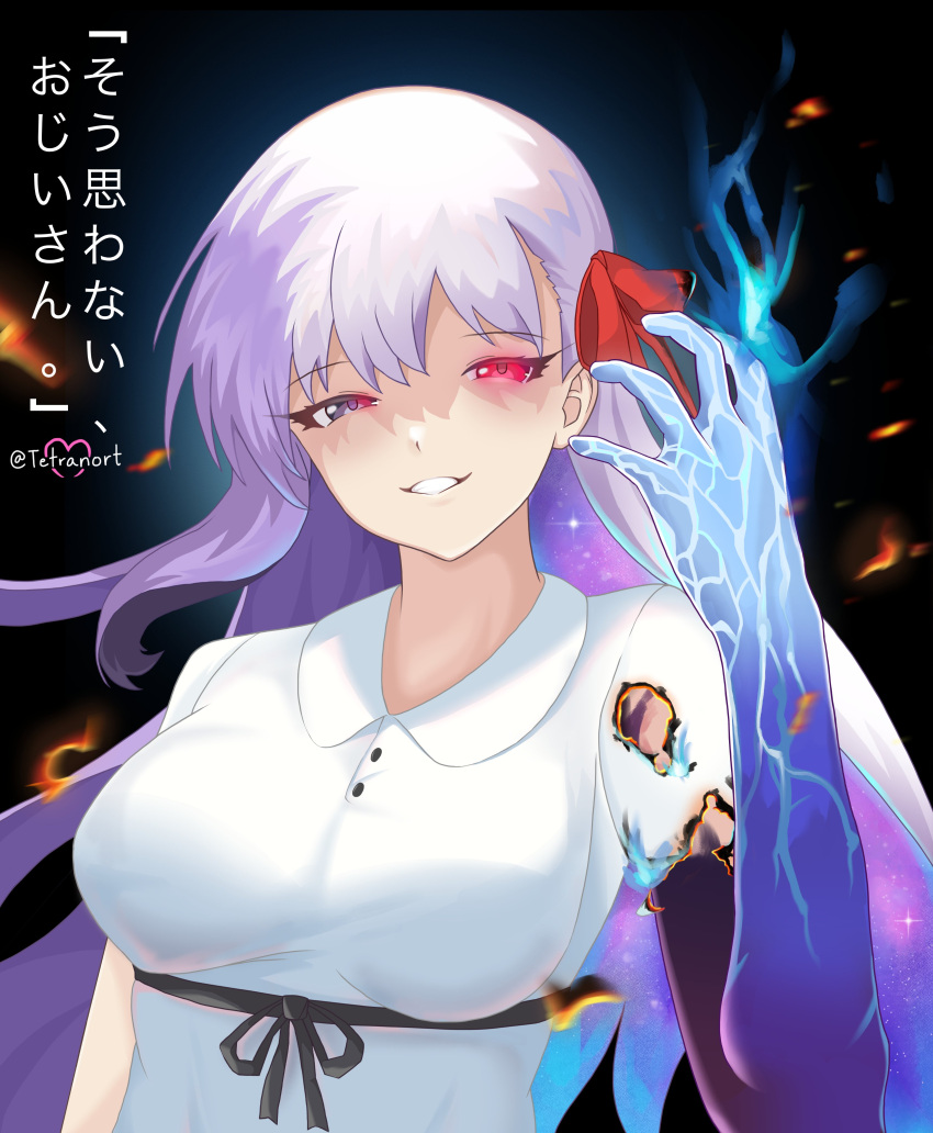 1girl, absurdres, blue_fire, body_markings, breasts, burning_clothes, colored_inner_hair, colored_skin