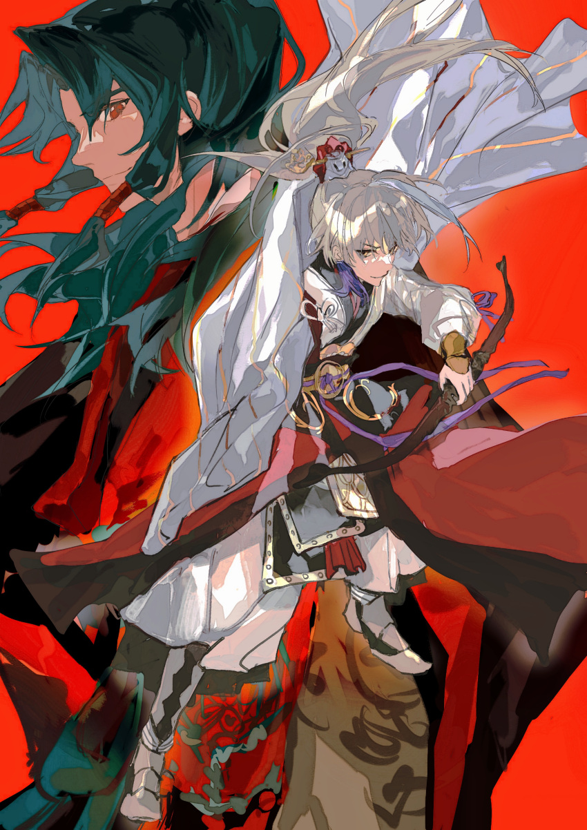 2boys, absurdres, archer_(fate/samurai_remnant), arm_guards, armored_boots, black_hanfu, boots, bow_(weapon), chinese_clothes, chinese_hairpin, fate/samurai_remnant, fate_(series), green_hair, grey_hair, hair_ornament, hanfu, high_ponytail, highres, holding, holding_bow_(weapon), holding_weapon, long_hair, long_sidelocks, low-tied_sidelocks, male_focus, metronome_(artist), multiple_boys, ponytail, red_background, red_eyes, red_hanfu, red_robe, robe, sidelocks, simple_background, smile, tassel, tassel_hair_ornament, weapon, white_hanfu, xiao_guan_(headdress), yellow_eyes, zheng_chenggong_(fate)