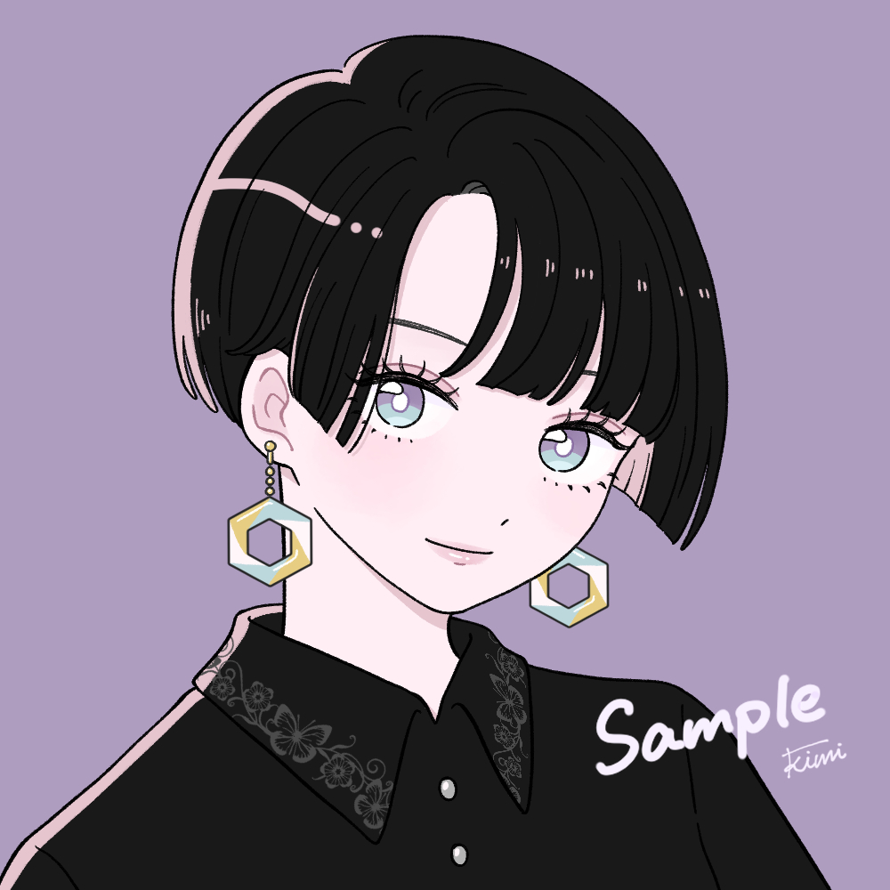 1girl, black_hair, black_shirt, bright_pupils, closed_mouth, earrings, eyelashes, hexagon_earrings