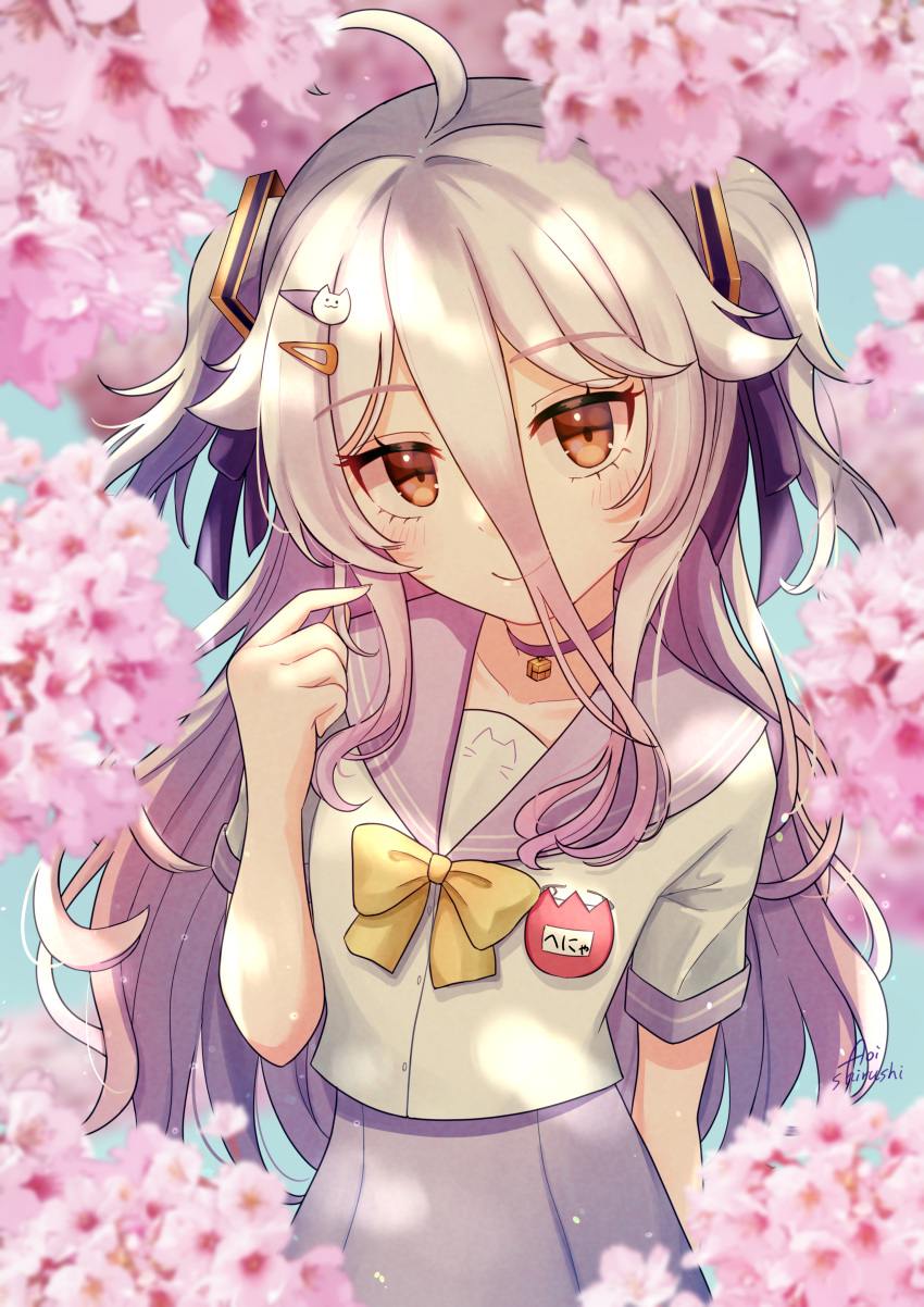 1girl, absurdres, ahoge, cherry_blossoms, gradient_hair, grey_hair, hair_between_eyes, hair_ornament