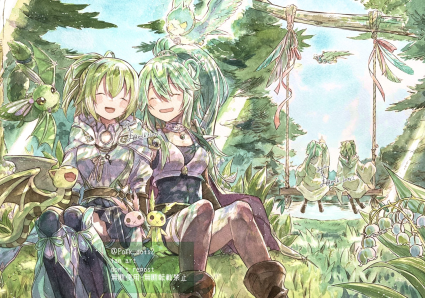 2girls, black_shorts, bodystocking, breasts, capelet, closed_eyes, duel_monster, forest