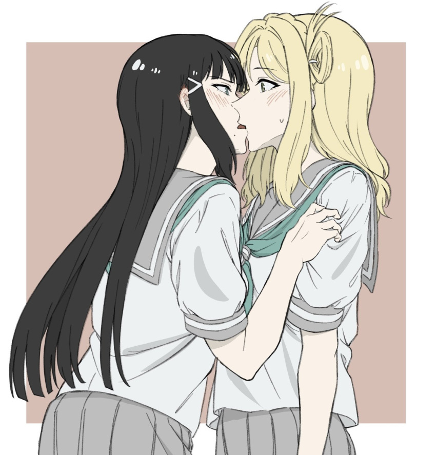 2girls, black_hair, blonde_hair, blunt_bangs, blush, border, brown_background, commentary_request, ear_blush, french_kiss, green_eyes, green_neckerchief, grey_sailor_collar, grey_skirt, highres, kiss, kurosawa_dia, looking_at_another, love_live!, love_live!_sunshine!!, medium_hair, mole, mole_under_mouth, multiple_girls, neckerchief, ohara_mari, outside_border, sailor_collar, school_uniform, short_sleeves, sidelocks, single_hair_ring, skirt, standing, summer_uniform, sweat, upper_body, uranohoshi_school_uniform, white_border, yakult1124, yellow_eyes, yuri