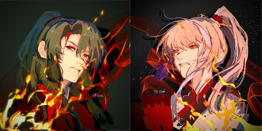 2boys, absurdres, alyosha23642, archer_(fate/samurai_remnant), black_background, black_hanfu, blood, blood_from_mouth