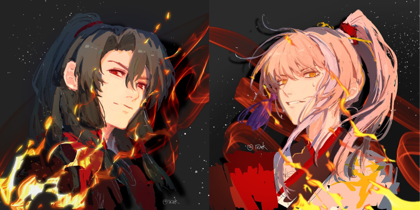 2boys, absurdres, alyosha23642, archer_(fate/samurai_remnant), black_background, black_hanfu, chinese_clothes, chinese_hairpin