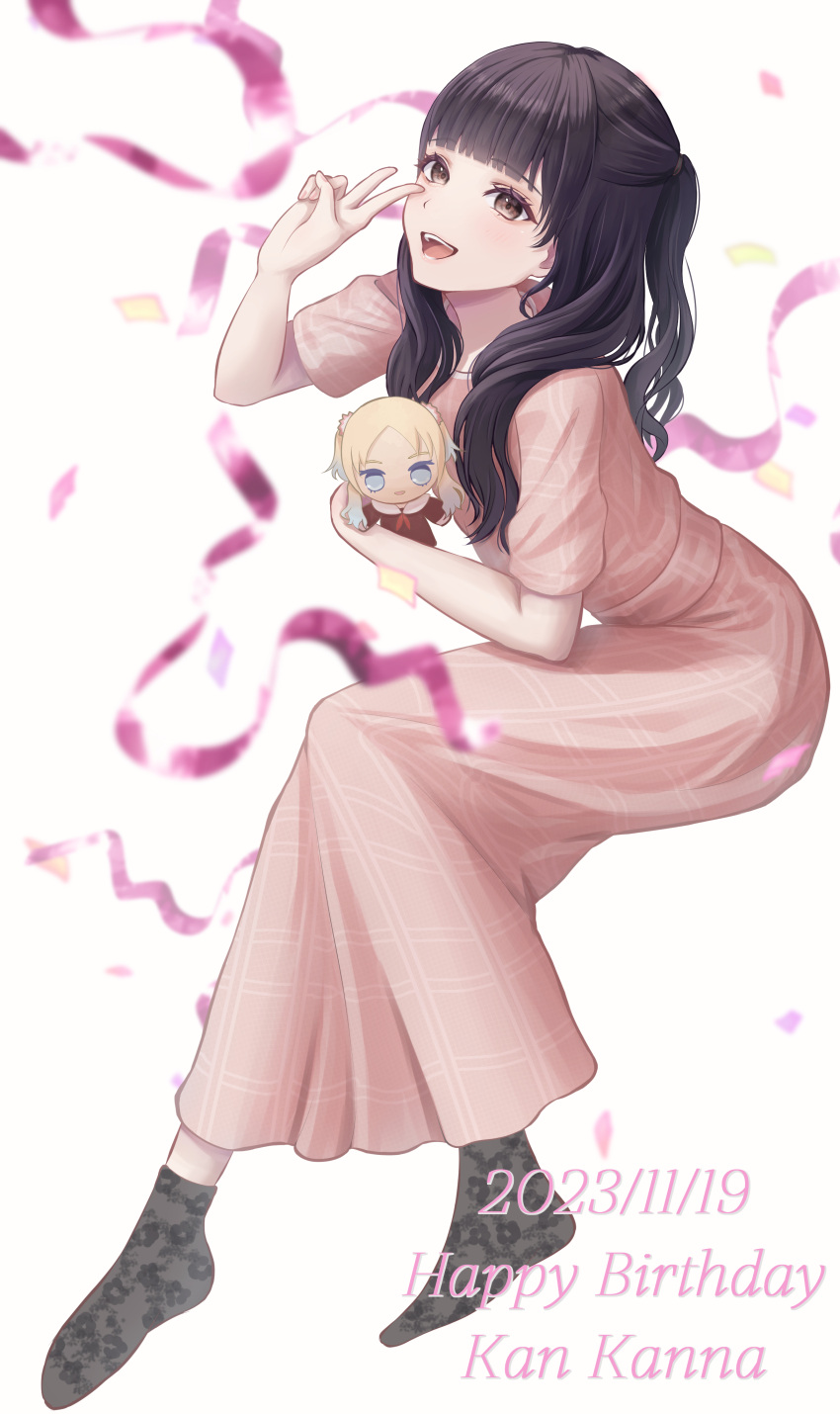 1girl, :d, absurdres, black_hair, black_socks, blonde_hair, blue_eyes, blue_hair, blunt_bangs, blurry, blurry_background, blurry_foreground, brown_dress, character_doll, character_name, commentary, dated, depth_of_field, doll, dress, floral_print, floral_print_socks, flower, gradient_hair, hair_flower, hair_ornament, half_updo, happy_birthday, hasu_no_sora_school_uniform, highres, holding, holding_doll, invisible_chair, kan_kanna, light_blue_hair, link!_like!_love_live!, long_dress, long_hair, long_sleeves, looking_at_viewer, love_live!, multicolored_hair, neckerchief, noginogiro, open_mouth, osawa_rurino, parted_bangs, pink_dress, pink_flower, ponytail, print_socks, real_life, red_neckerchief, sailor_collar, sailor_dress, school_uniform, short_dress, simple_background, sitting, smile, socks, solo, streamers, teeth, twintails, v, voice_actor, white_background, white_sailor_collar, winter_uniform