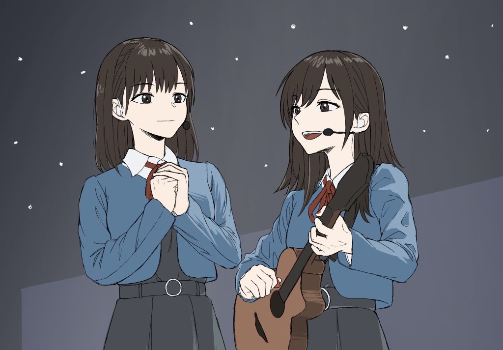 2girls, acoustic_guitar, blue_jacket, brown_eyes, brown_hair, closed_mouth, collared_shirt, commentary
