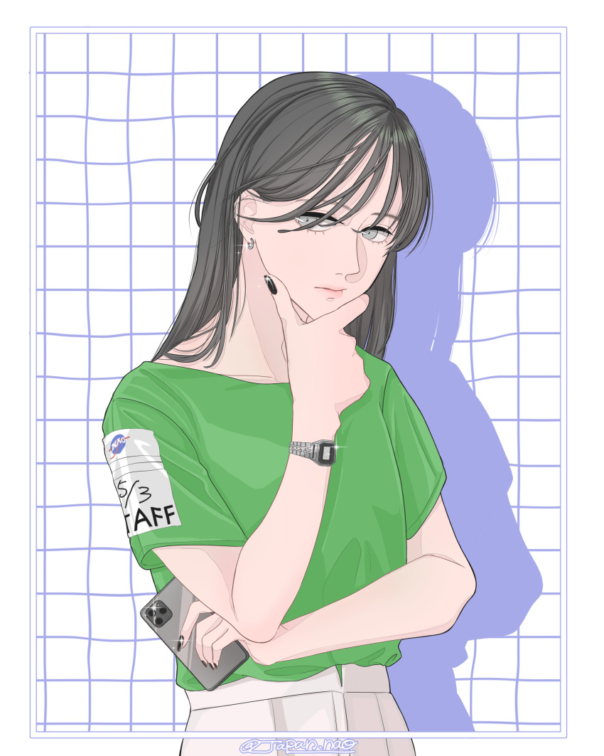 1girl, absurdres, black_hair, black_nails, cellphone, closed_mouth, collarbone, drop_shadow, earrings, eyelashes, glint, green_shirt, grey_eyes, grid_background, hand_on_own_chin, high-waist_pants, highres, holding, holding_phone, jewelry, long_hair, looking_at_viewer, naoyoshinaga, nasa_logo, original, pants, phone, shirt, smartphone, solo, watch, white_pants