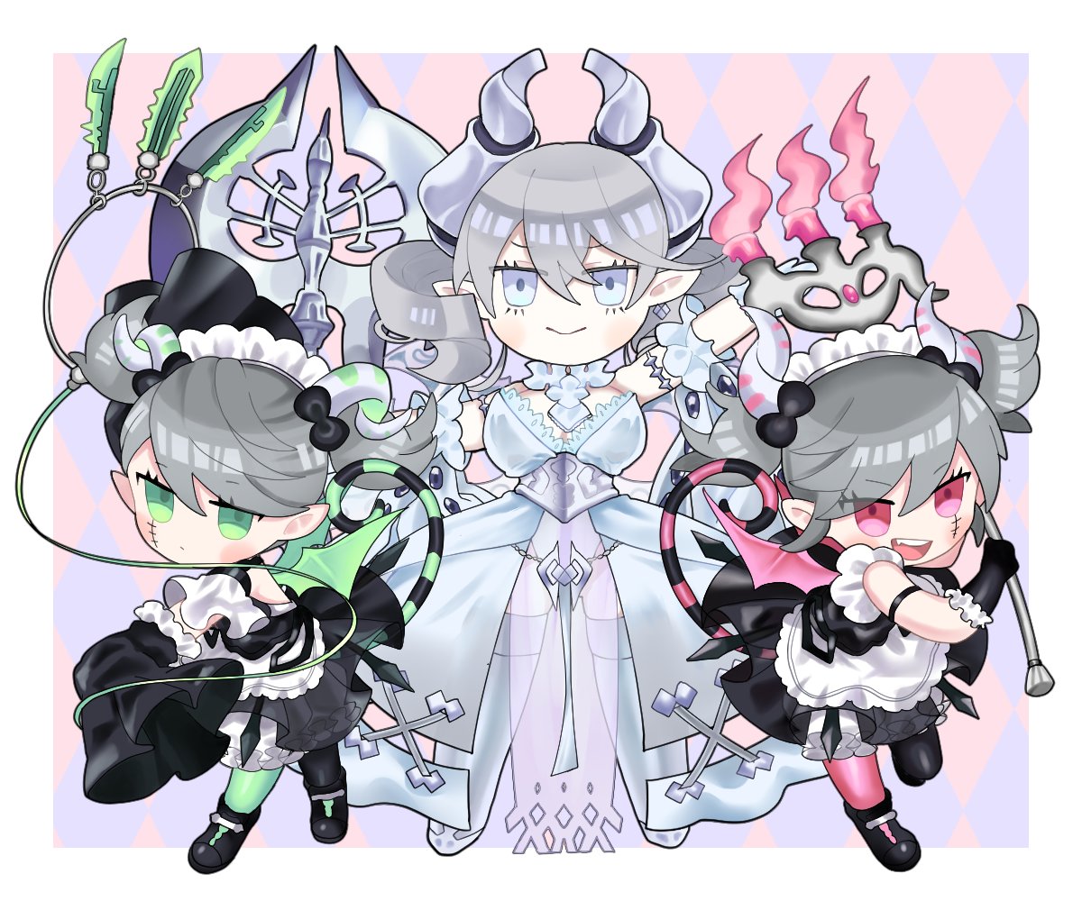 3girls, apron, arianna_the_labrynth_servant, arianne_the_labrynth_servant, asymmetrical_legwear, bare_shoulders, black_dress, black_gloves