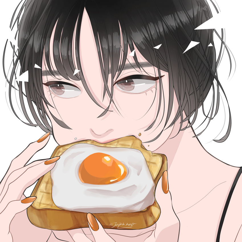 1girl, absurdres, black_hair, bread, bread_slice, collarbone, eating, eyelashes