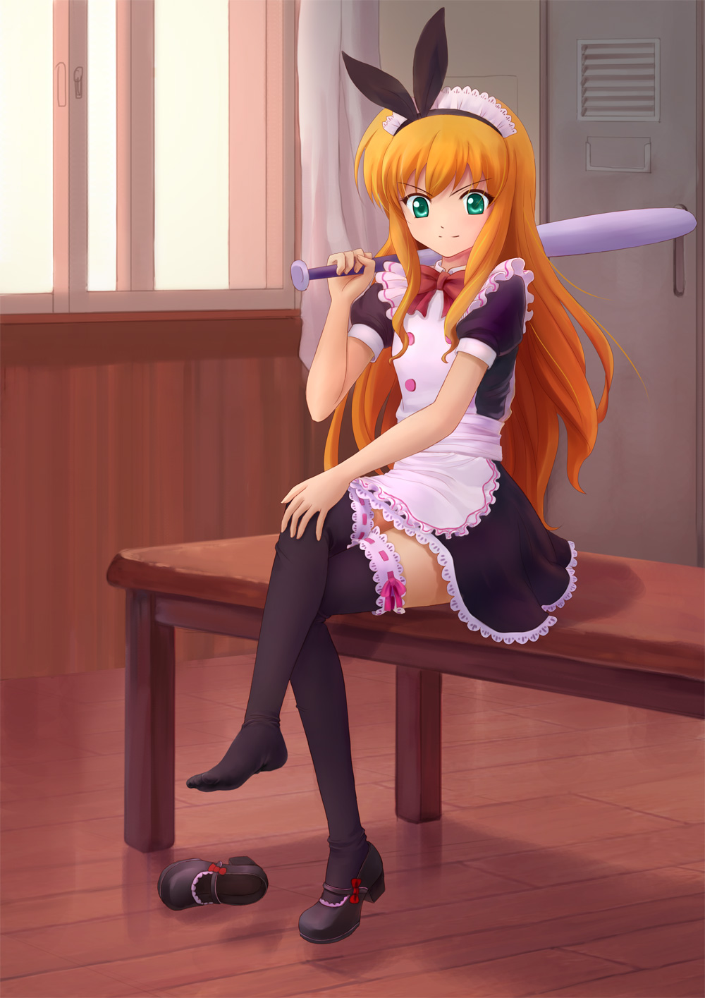 baseball_bat, black_legwear, black_thighhighs, blonde_hair, crossed_legs, feet, green_eyes, headdress