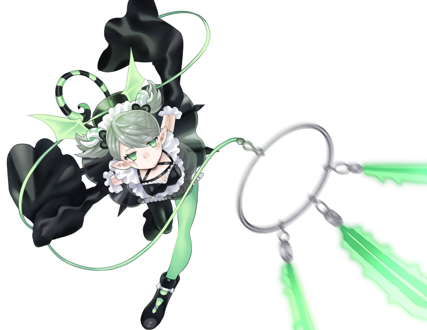 1girl, apron, arianna_the_labrynth_servant, asymmetrical_legwear, black_dress, black_footwear, black_pantyhose, black_sleeves