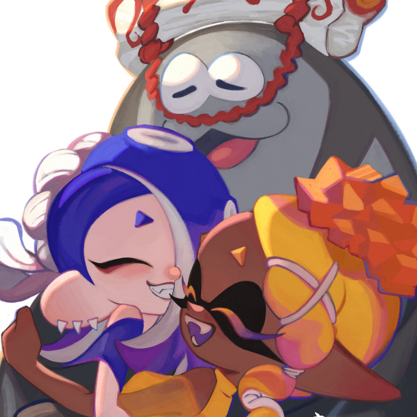 1boy, 2girls, big_man_(splatoon), blonde_hair, blue_hair, cephalopod_eyes, dark-skinned_female, dark_skin