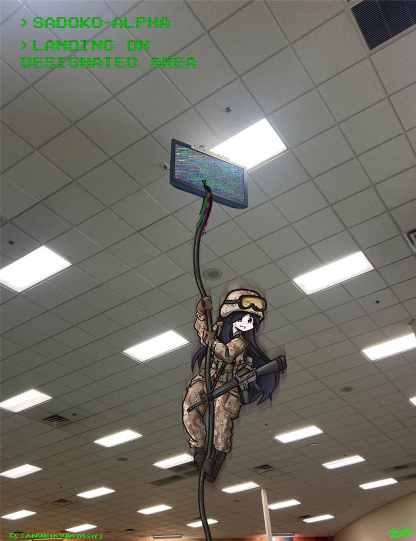 1girl, assault_rifle, black_hair, ceiling, ceiling_light, ghost, gun, highres