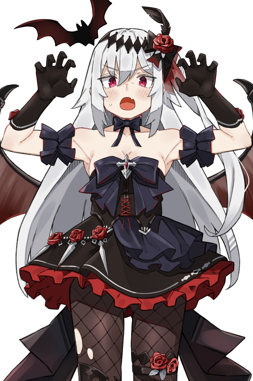 1girl, absurdres, bare_shoulders, black_bow, black_dress, black_gloves, blush, bow