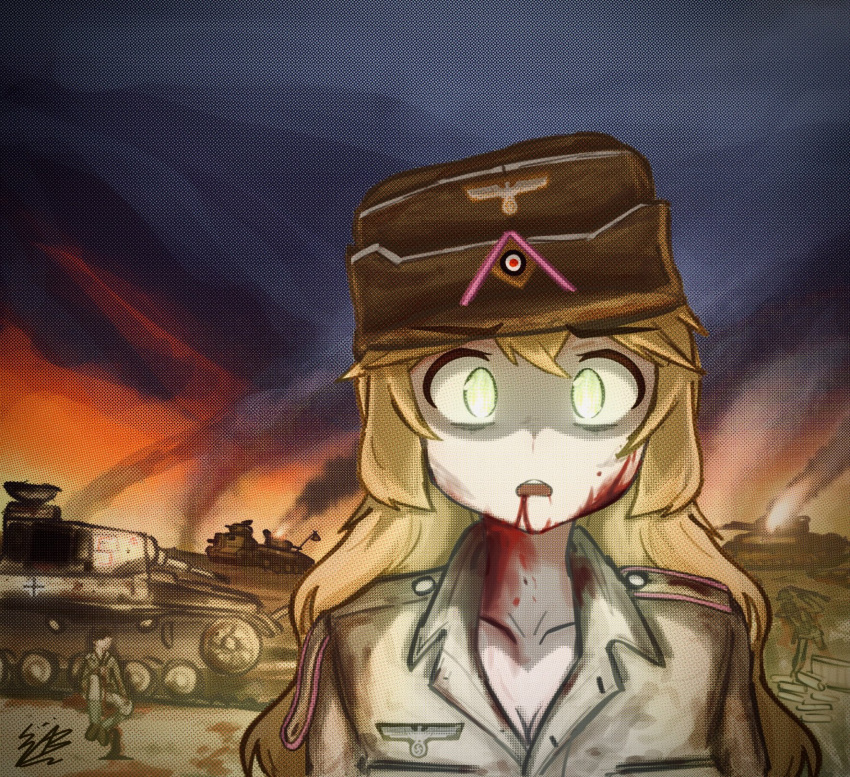 2girls, battlefield, blonde_hair, destruction, green_eyes, highres, military_vehicle, motor_vehicle