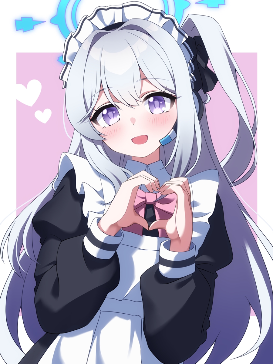 1girl, alternate_costume, apron, black_dress, blue_archive, blue_halo, blush, buta_(dhakaoat), dress, enmaided, grey_hair, hair_between_eyes, halo, heart, heart_hands, highres, juliet_sleeves, long_hair, long_sleeves, looking_at_viewer, maid, maid_apron, maid_headdress, miyako_(blue_archive), one_side_up, open_mouth, puffy_long_sleeves, puffy_sleeves, smile, solo, violet_eyes, white_apron