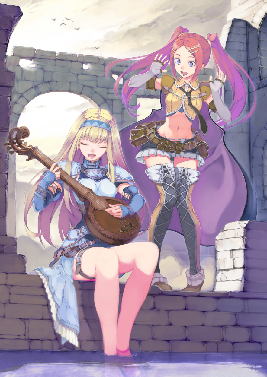 belt, blonde_hair, blue_eyes, boots, cape, closed_eyes, feet_in_water, fingerless_gloves