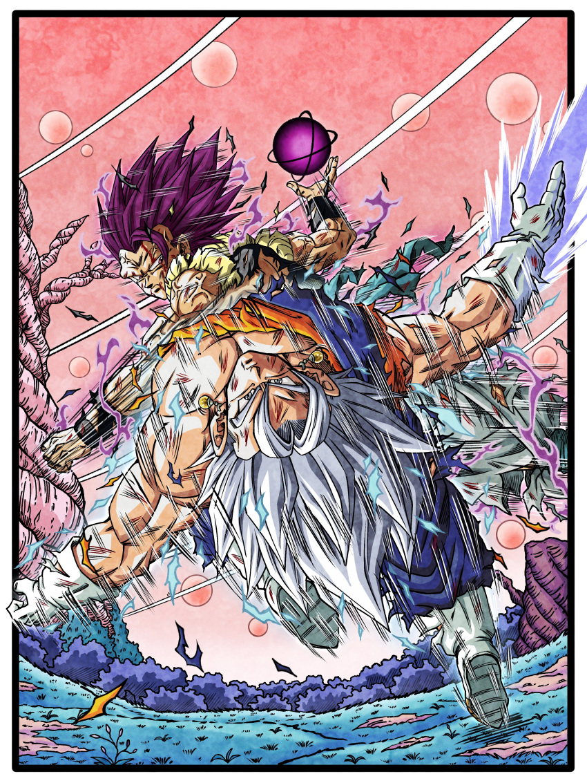 2boys, absurdres, alternate_form, alternate_universe, aura, battle, battle_damage, black_vest