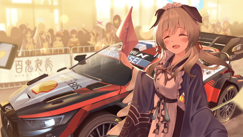 6+girls, :d, absurdres, animal_ears, blue_archive, blue_halo, blush, car