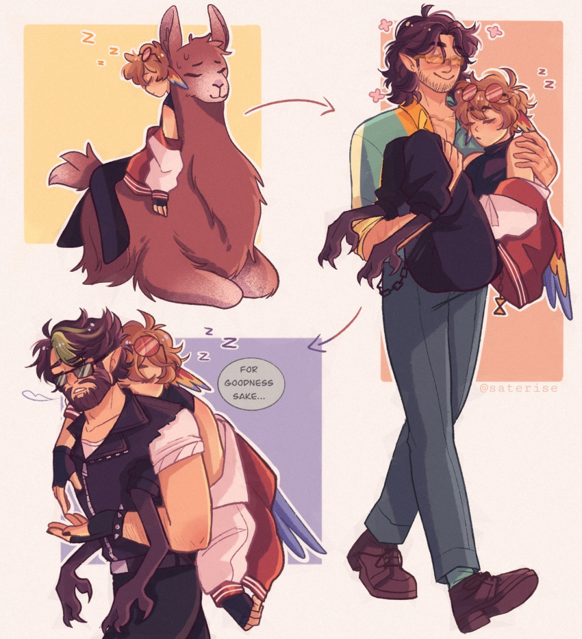 3boys, abstract_background, animal_feet, beard, bird_boy, bird_wings, brown_hair, carrying