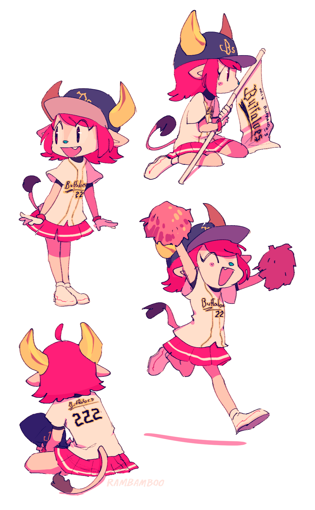 1girl, :d, ^_^, baseball_cap, baseball_uniform, buffalo_bell, cheerleader, closed_eyes