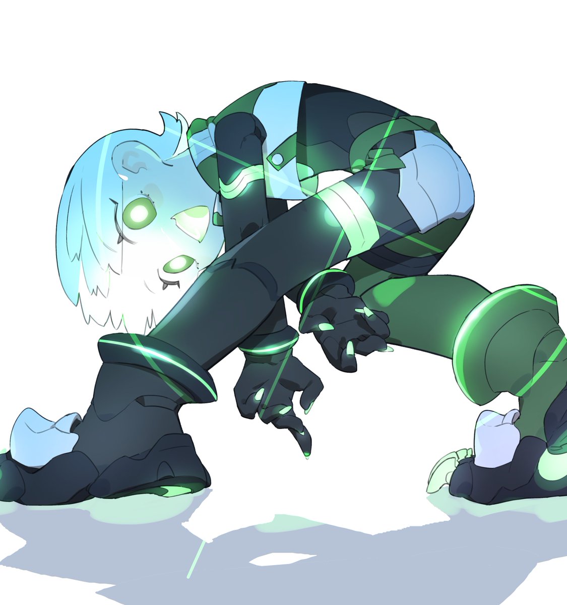 1girl, bright_pupils, cheri_zao, commentary, cropped_shirt, full_body, green_eyes, green_hair, gun, highres, holding, looking_at_viewer, midoriko_(cheri_zao), multicolored_hair, original, robot_girl, shirt, short_hair, simple_background, solo, two-tone_hair, weapon, white_background, white_hair, white_shirt