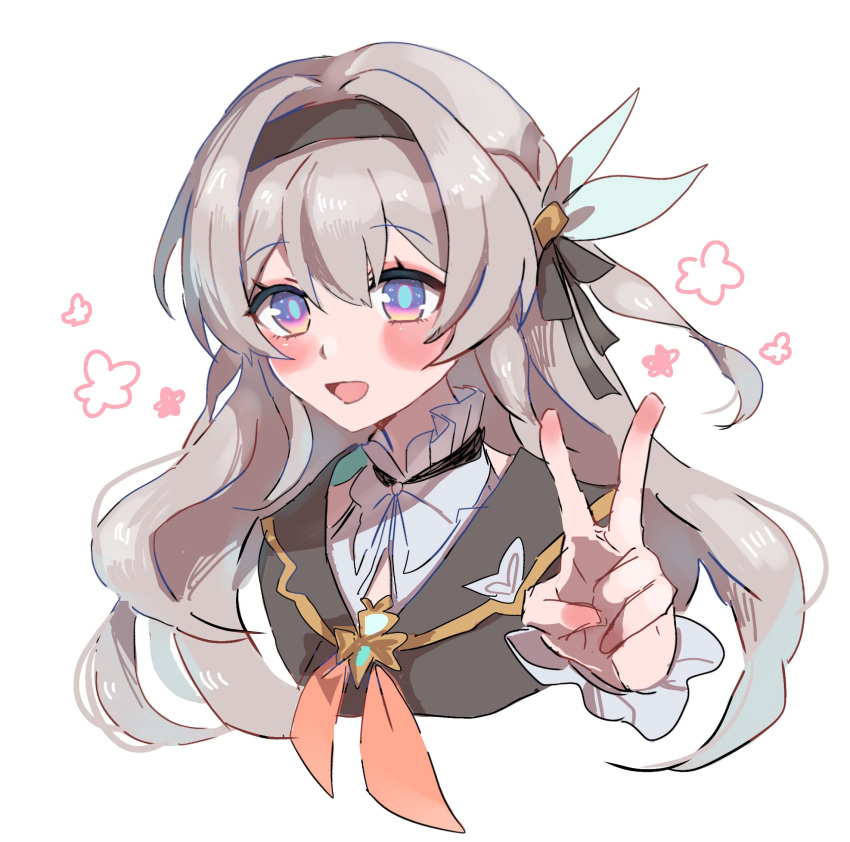 1girl, aqua_pupils, black_hairband, black_ribbon, brown_jacket, firefly_(honkai:_star_rail), gold_trim, grey_hair