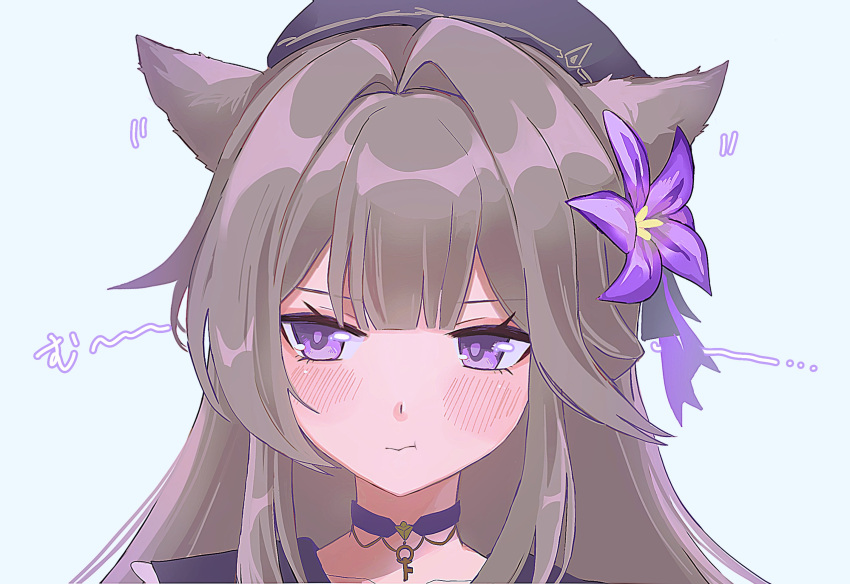 1girl, animal_ears, beret, black_hat, blush, brown_hair, cat_ears, choker