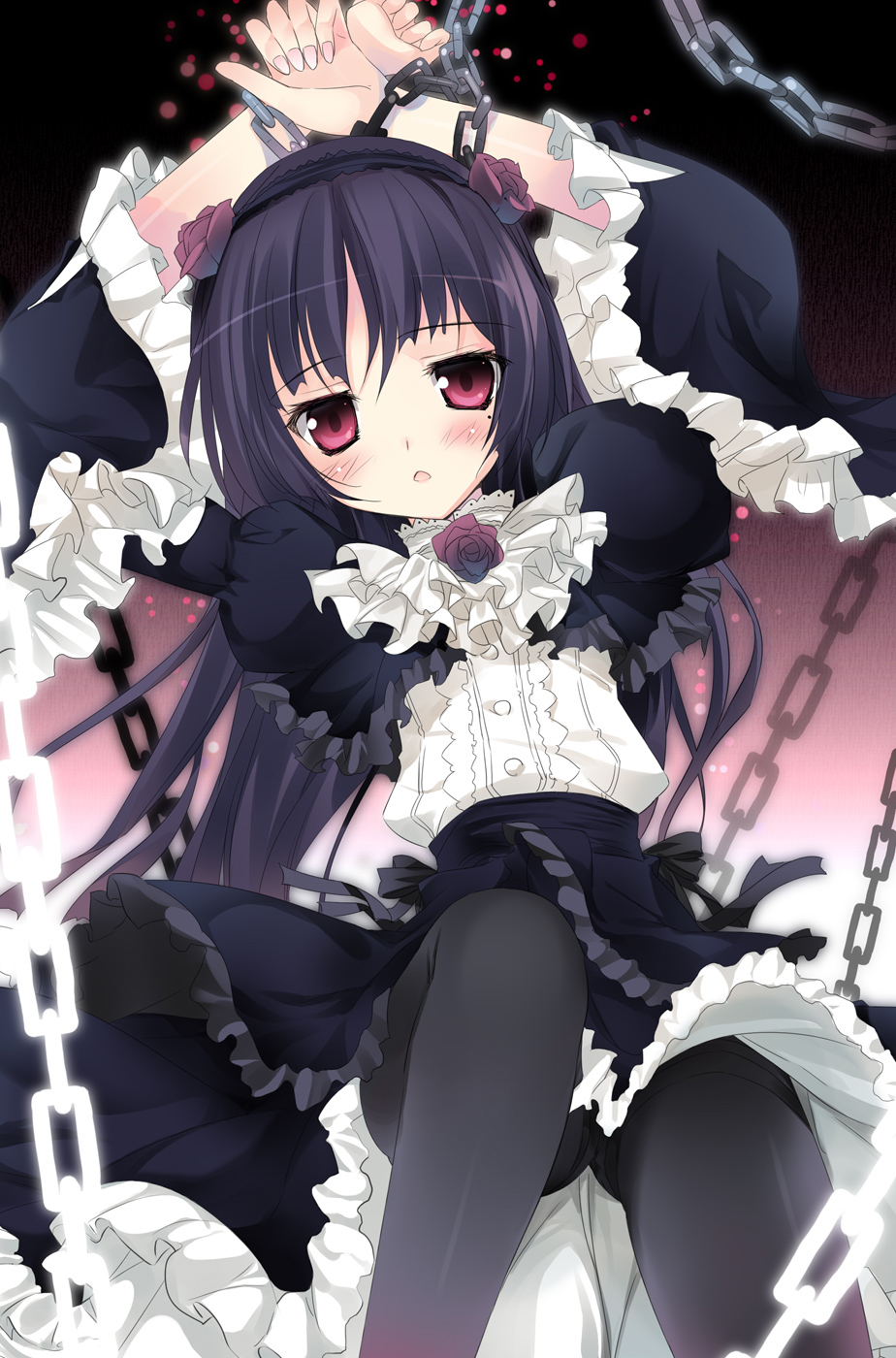 black_hair, blush, bondage, chain, dress, gokou_ruri, gothic_lolita, gray_pantyhose